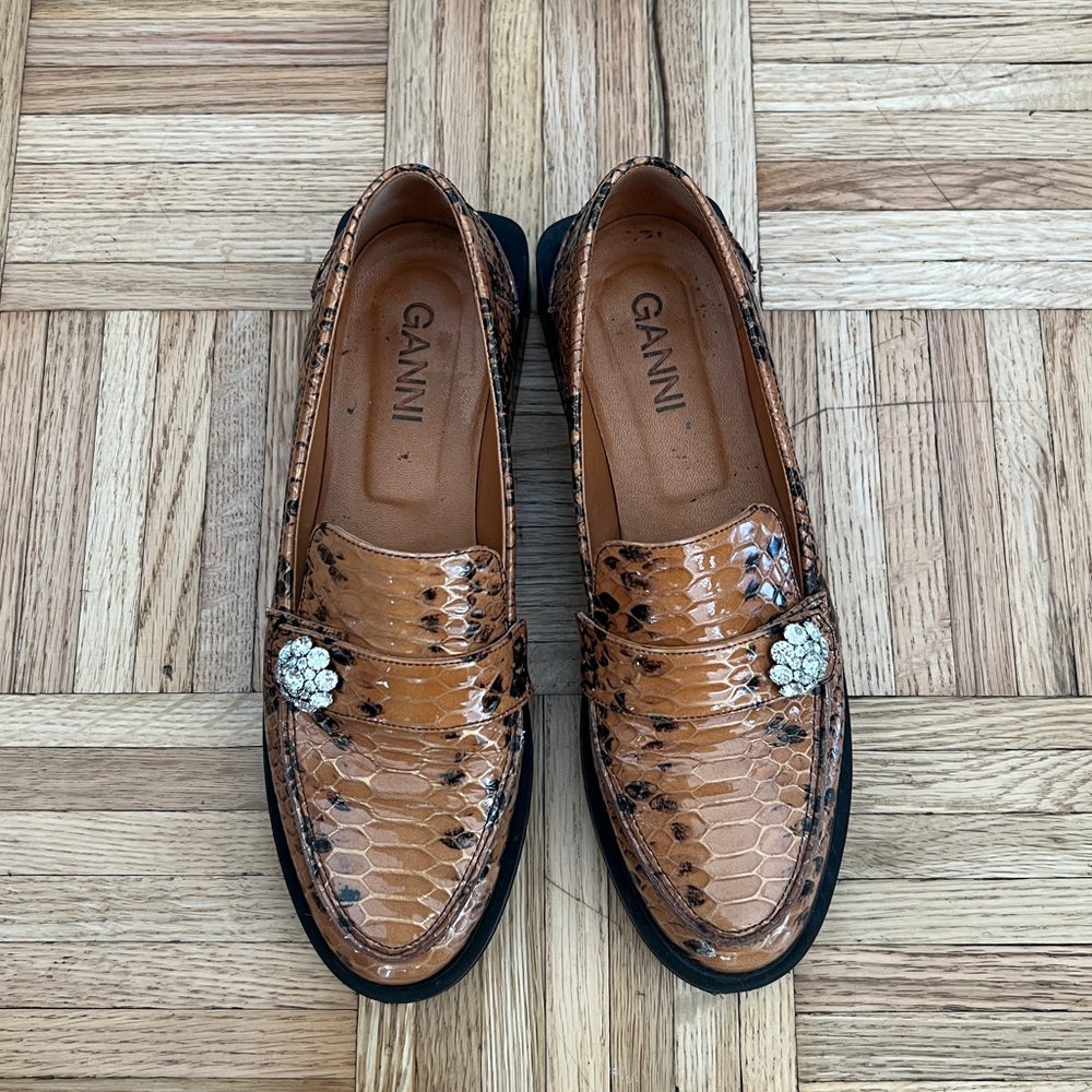Ganni Croc Embossed Loafers with Crystal Details Size 40